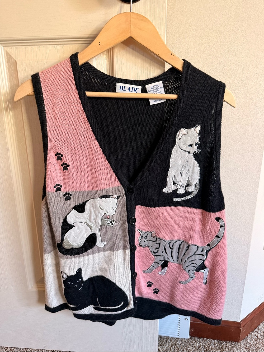 Blair Black, Pink & Gray Cat Appliqué Knit Vest
